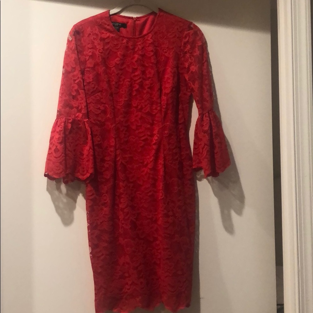 Red lace bell sleeve dress